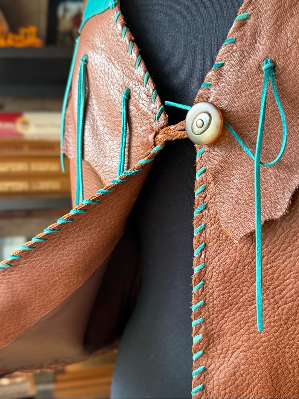 Brown Leather Fringe Vest with Turquoise Accents - Picture 3 of 3